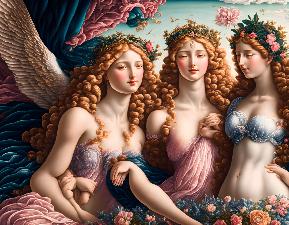 Ethereal women in floral crowns with angelic wing and drapery