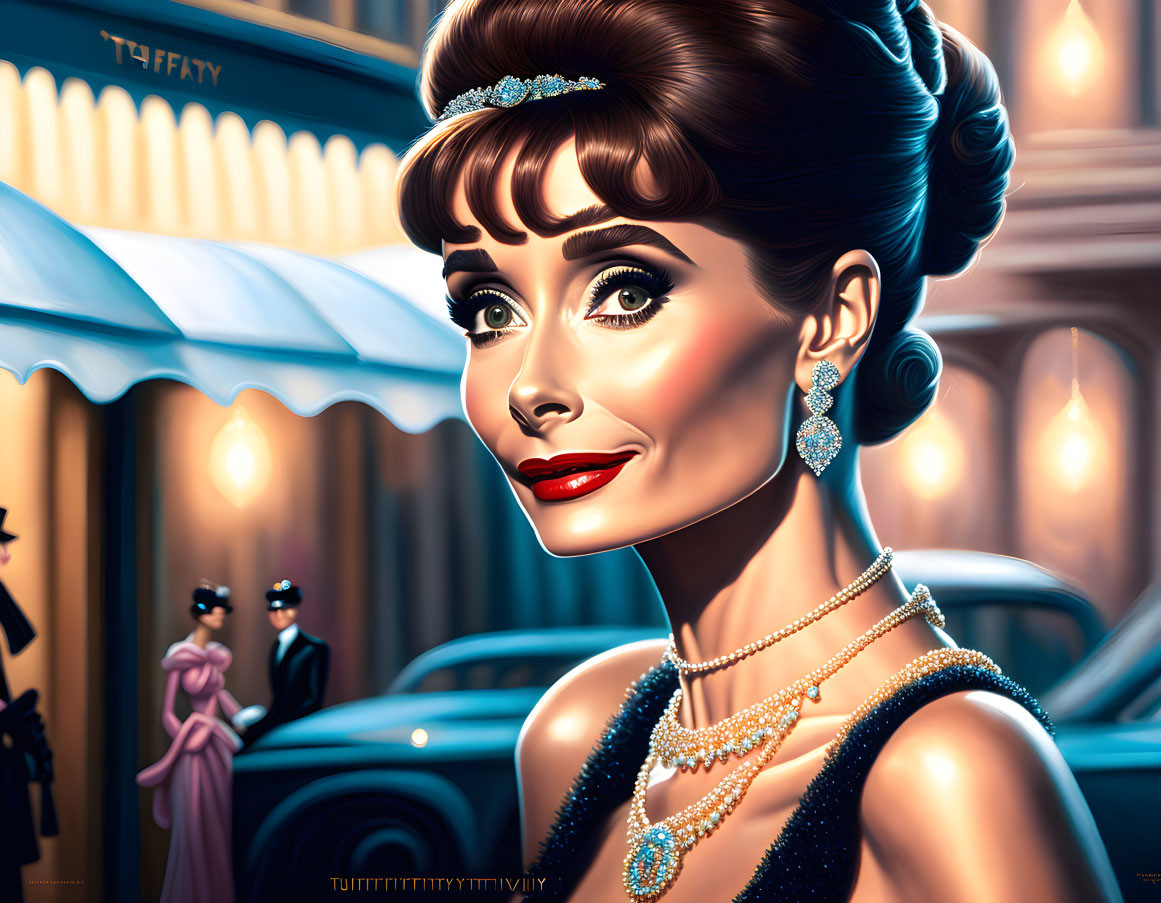 Animated woman with beehive hairstyle in vintage street scene