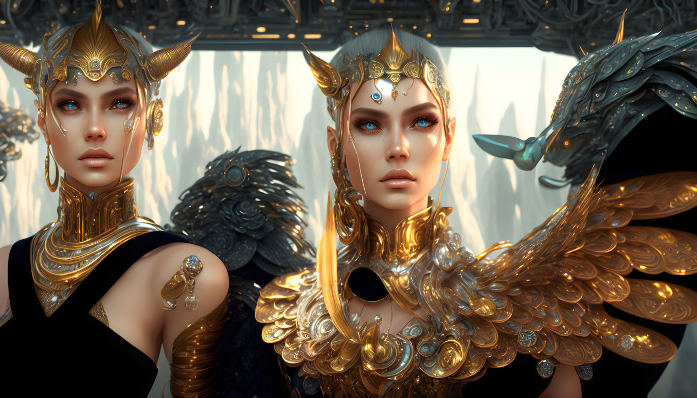 Golden-armored characters with elaborate headpieces in detailed fantasy scene