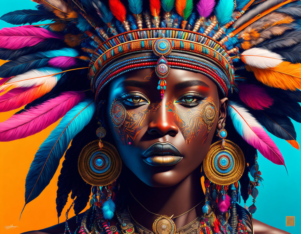 Colorful digital artwork: Woman with intricate face paint and feather headdress on blue background