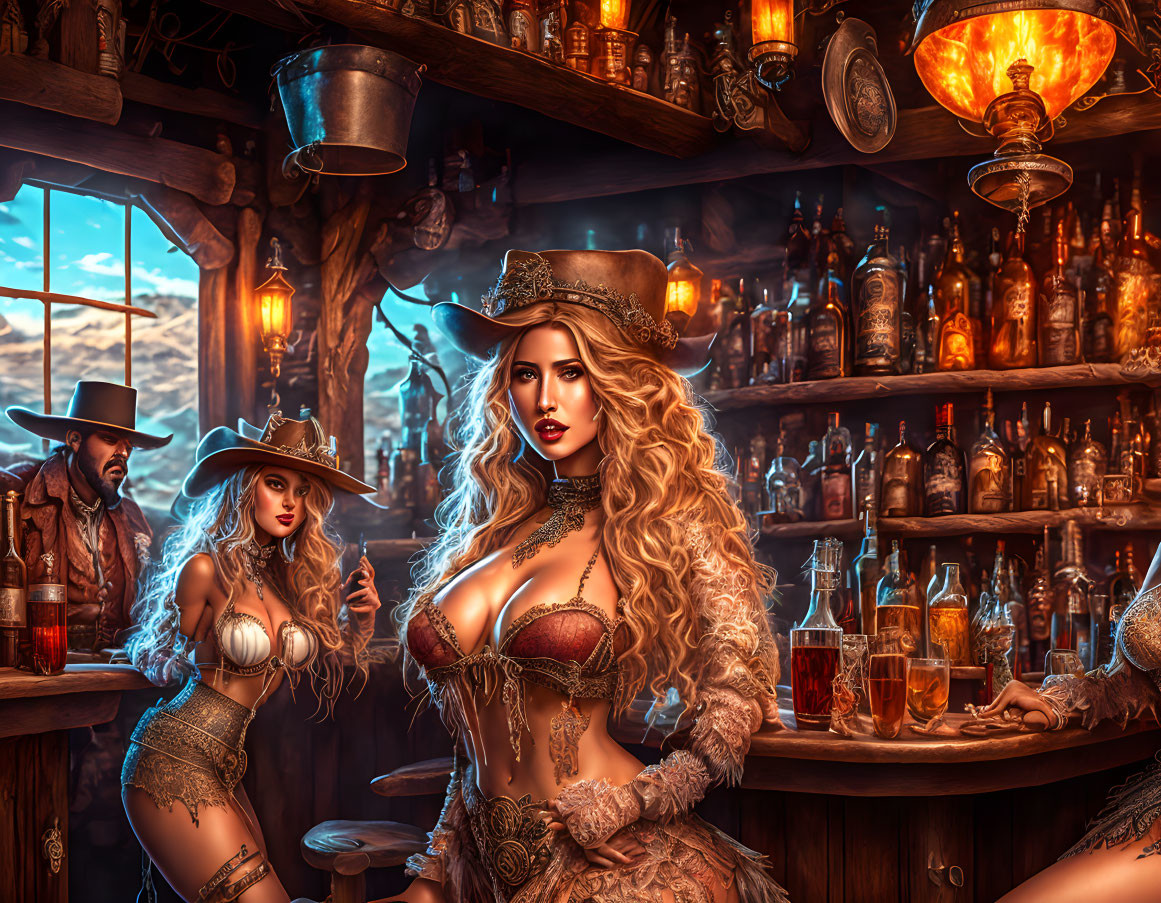 Three women in fantasy costumes in a saloon setting