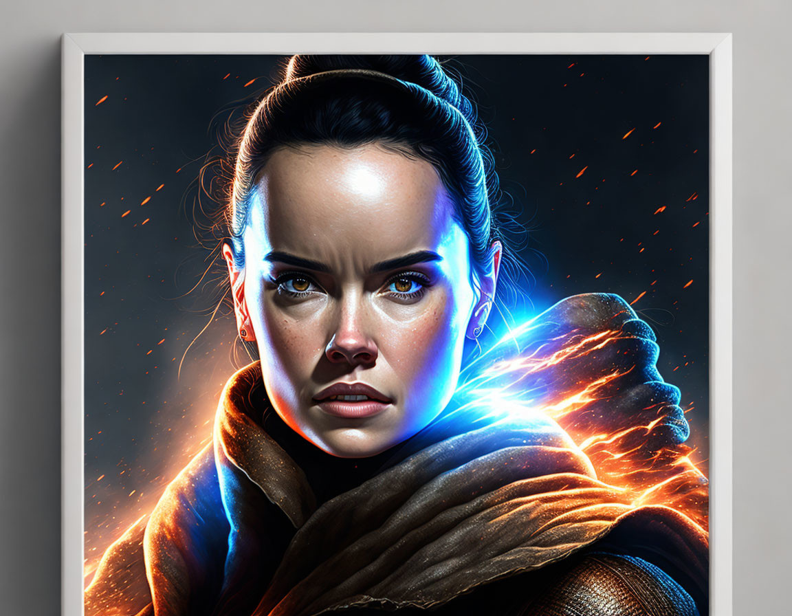 Digital art portrait of female character with intense eyes, blue glow, orange sparks, and brown cloak