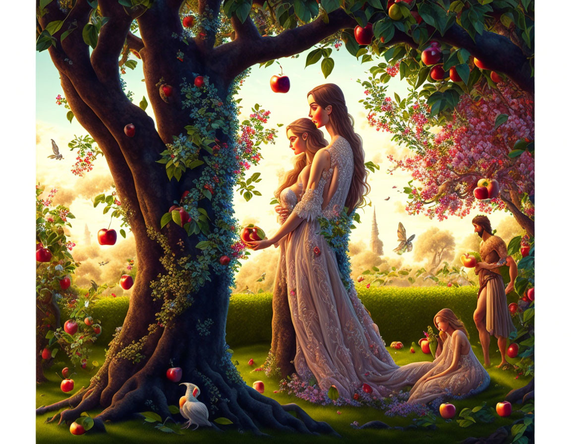 Two Women in Flowing Dresses by Apple Tree in Lush Garden