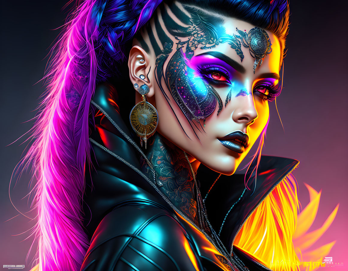 Detailed digital artwork: Woman with purple hair, facial tattoos, makeup, earring, fiery background