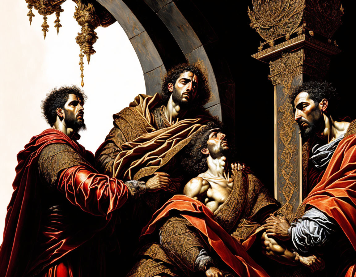 Classical artwork with four men in robes and dramatic setting