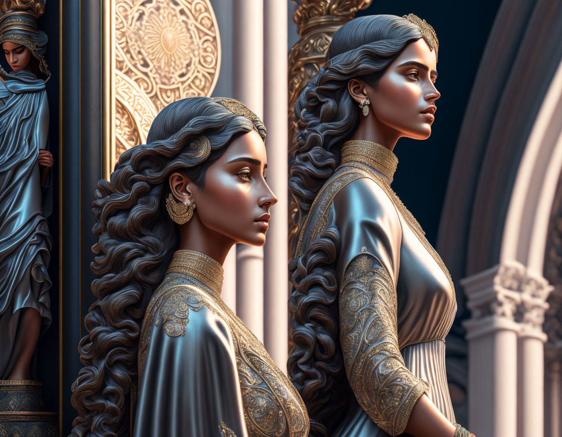 Stylized women with intricate hairstyles in golden dresses against ornate architecture