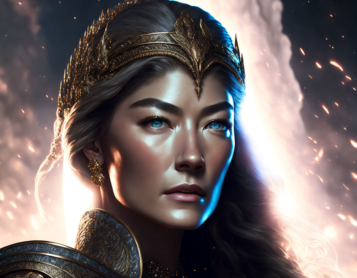 Warrior woman digital art with golden crown and cosmic backdrop