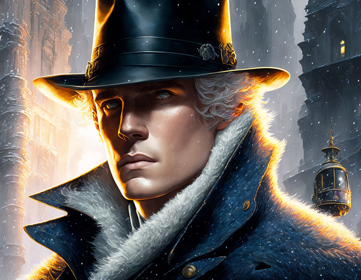 Digital artwork: Man in historical costume with top hat in snow-covered, lantern-lit street