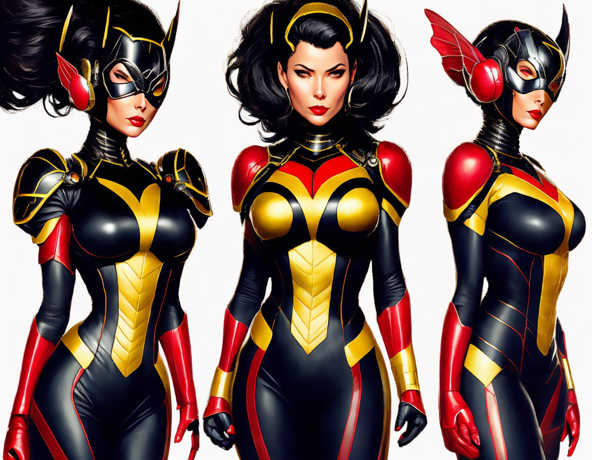 Illustrated female characters in red, black, and gold superhero costumes with winged headpieces.