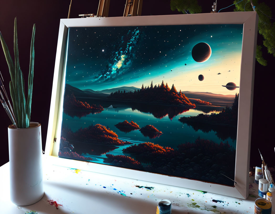 Vibrant nighttime landscape painting on artist's desk with planets and stars.