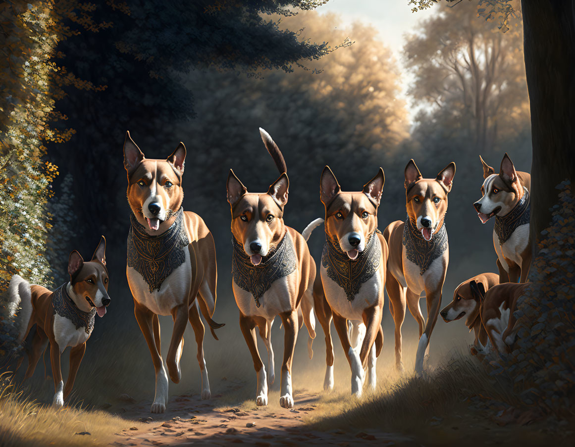 Group of 7 Medium-Sized Dogs Walking in Sunlit Forest