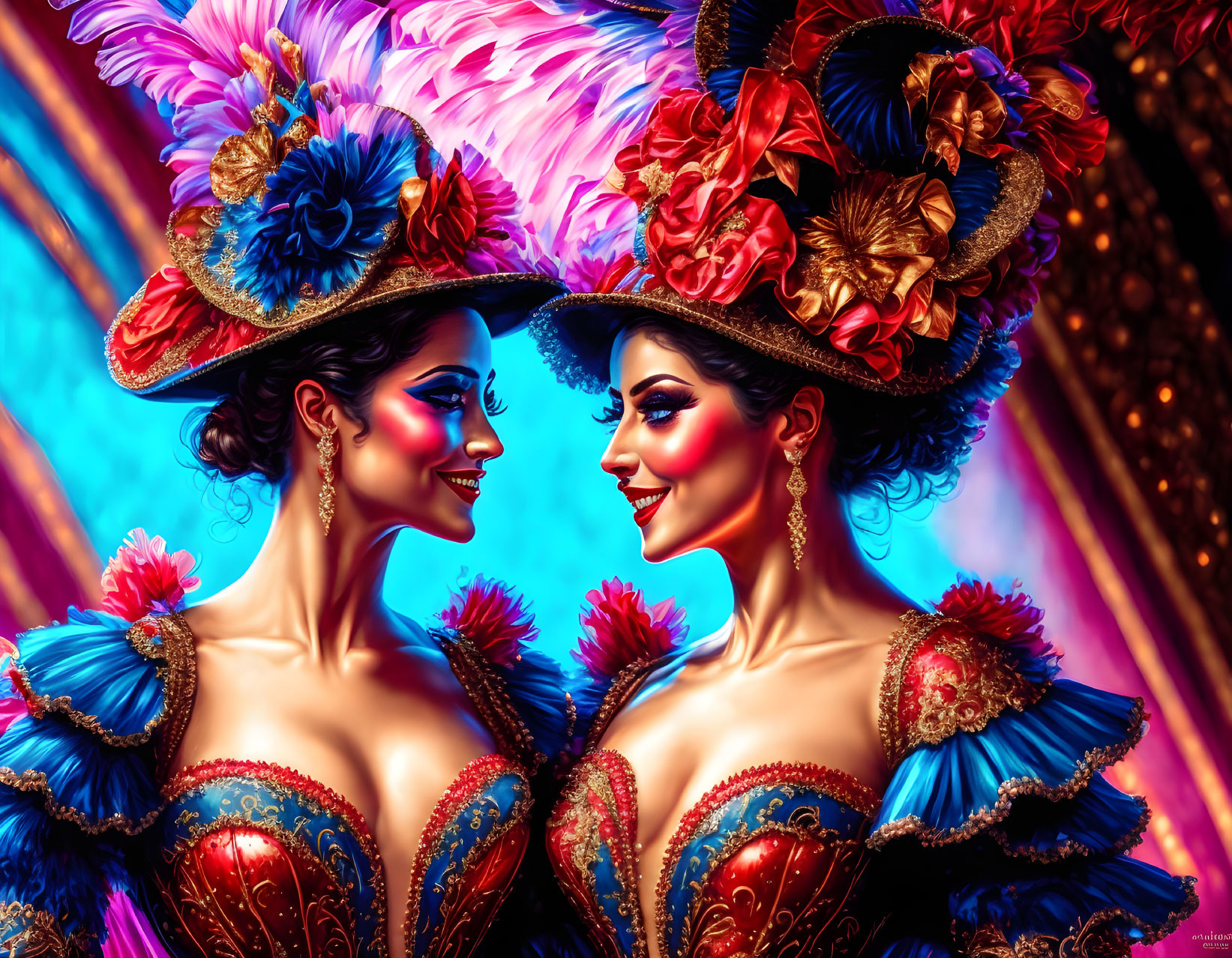 Two women in vibrant carnival costumes with feathered headpieces and ornate corsets.