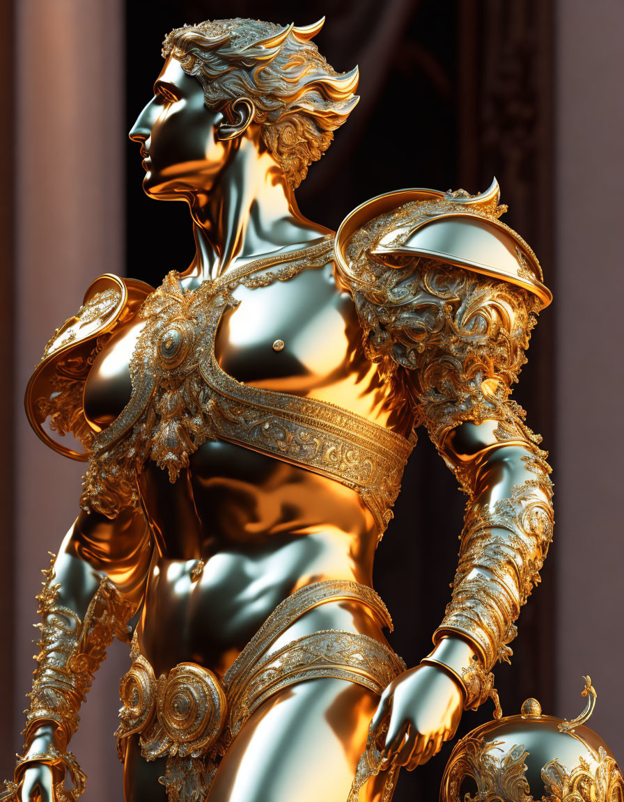 Elaborate golden statue in classical armor against soft-lit backdrop