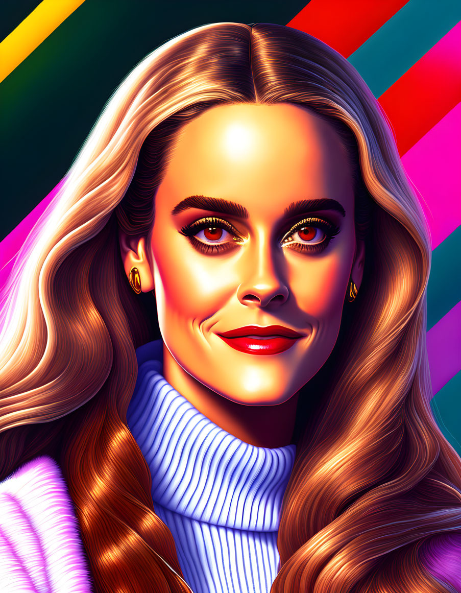 Smiling woman with long hair in blue turtleneck on colorful background