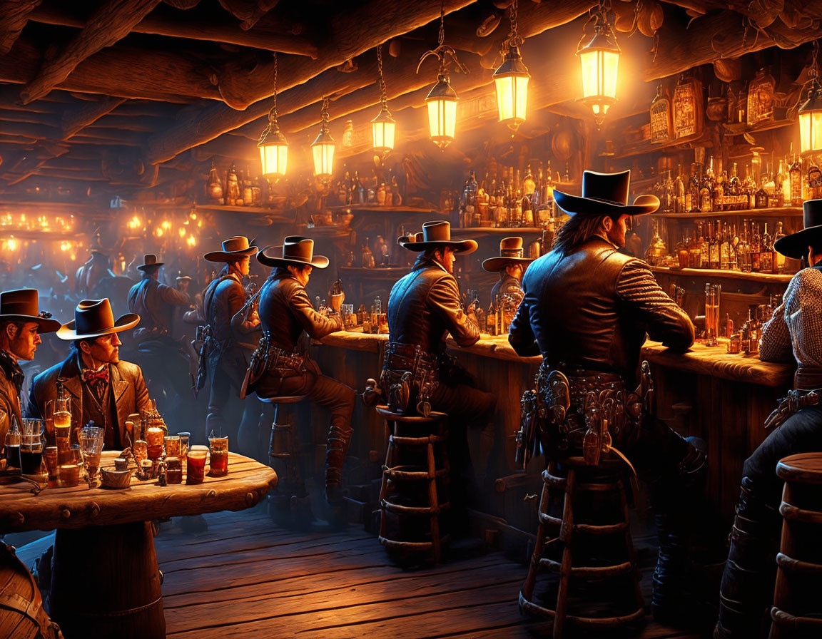 Western Saloon Scene with Cowboy Hats and Drinks