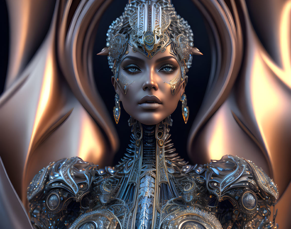 Intricate metallic headgear and armor on regal figure