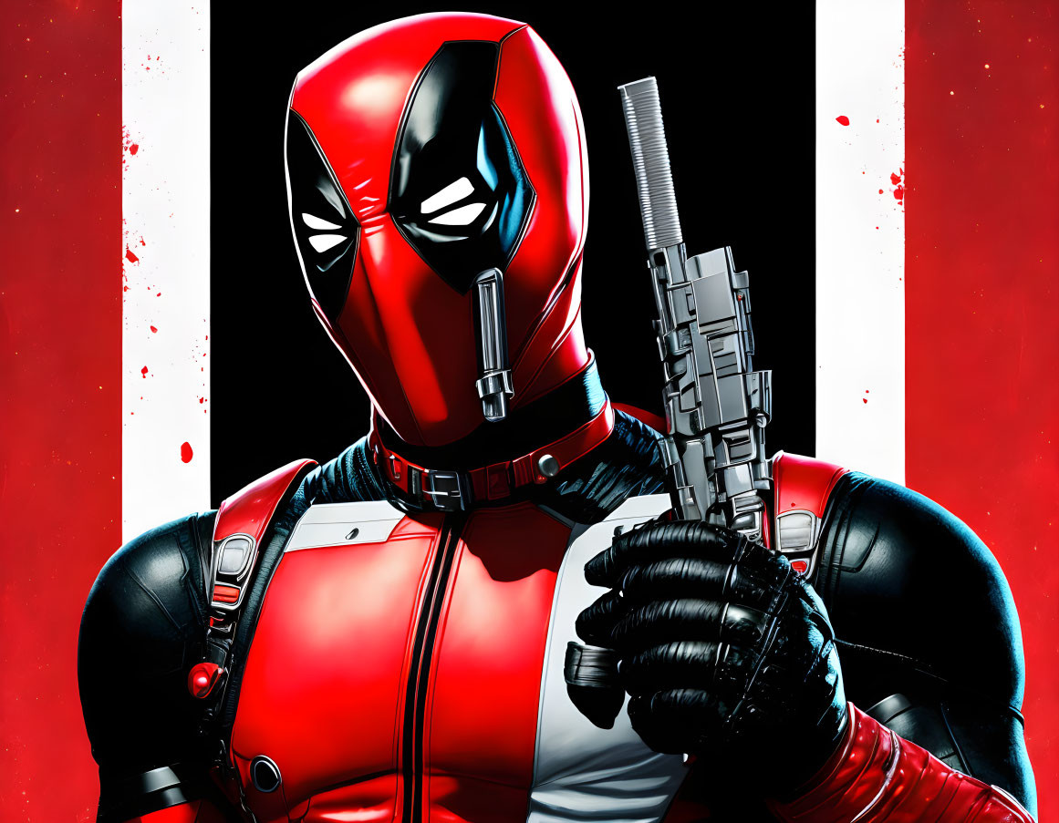 Masked character in red & black suit with gun on red & white striped background