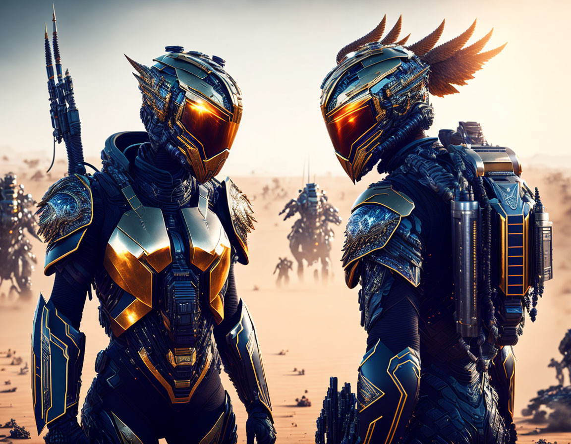 Futuristic warriors in ornate golden armor face off in desert setting