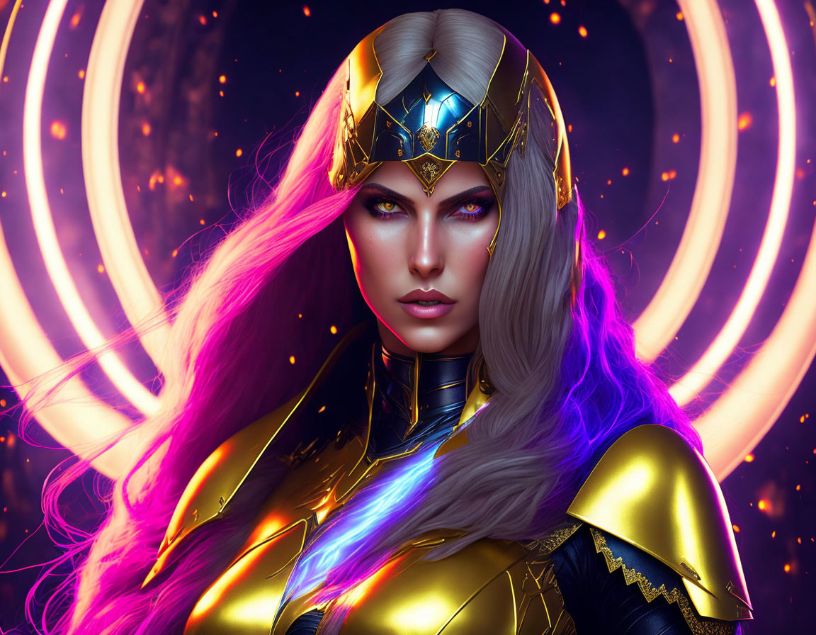 Digital artwork: Woman with purple hair in golden armor on cosmic backdrop