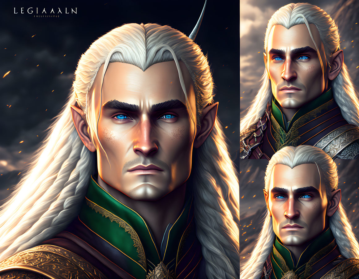 Fantasy elf digital artwork with white hair and blue eyes.