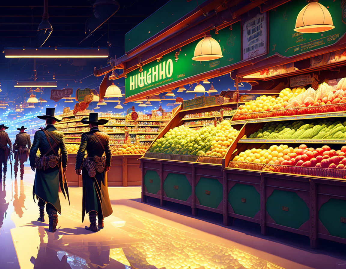 Cowboy-themed characters in futuristic supermarket setting.