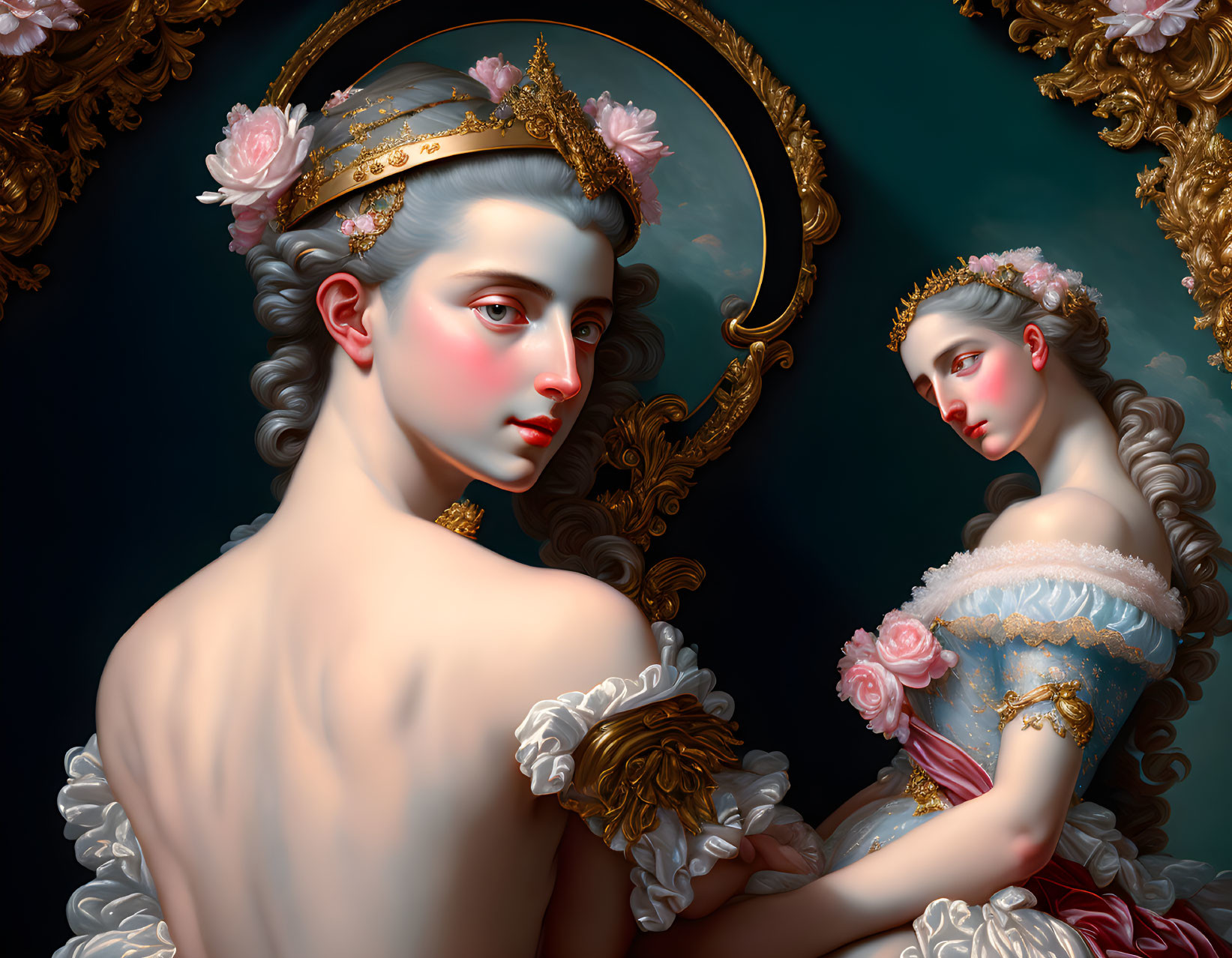 Digital artwork featuring two women with elaborate hairstyles and regal attire.