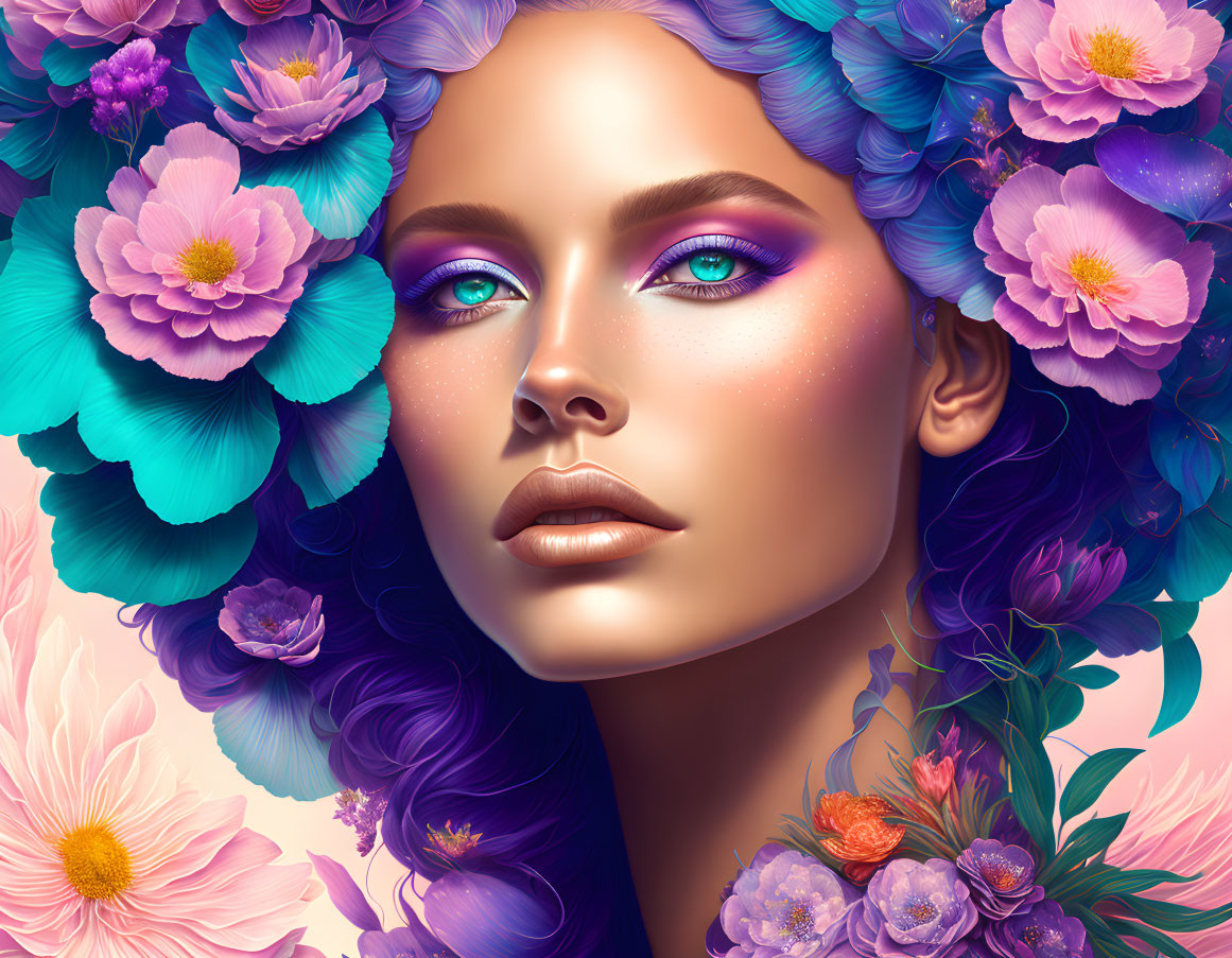 Digital Artwork: Woman with Violet Hair and Purple Makeup in Floral Setting