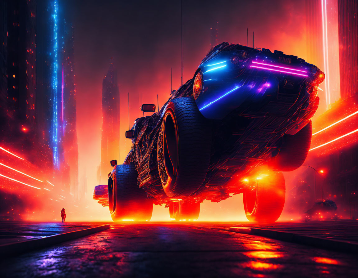 Futuristic hover car with neon underglow in cyberpunk cityscape