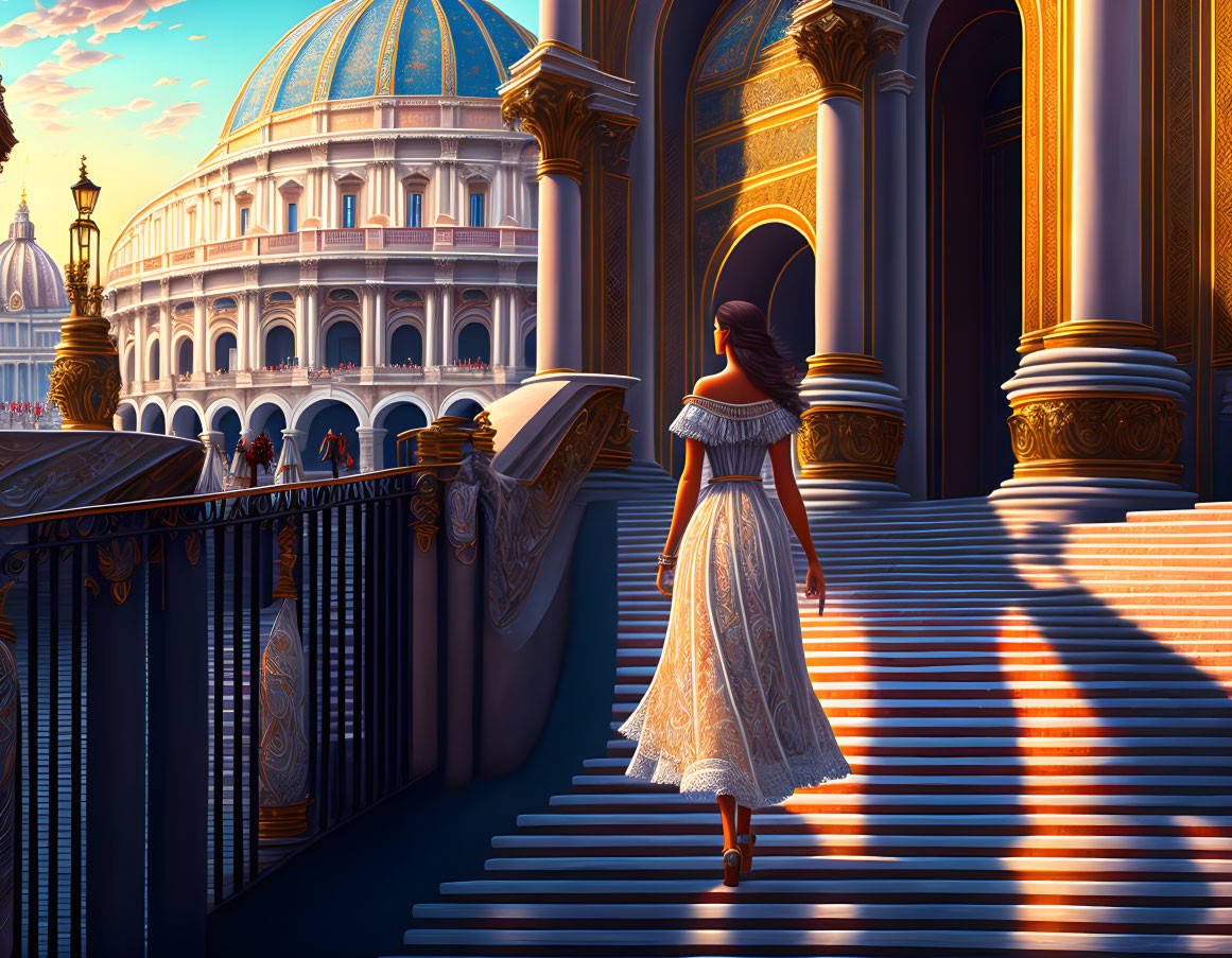 Woman in white dress climbing steps at grand domed building at sunrise or sunset