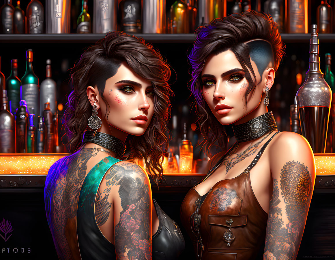 Stylized tattooed women with punk hairstyles in bar setting