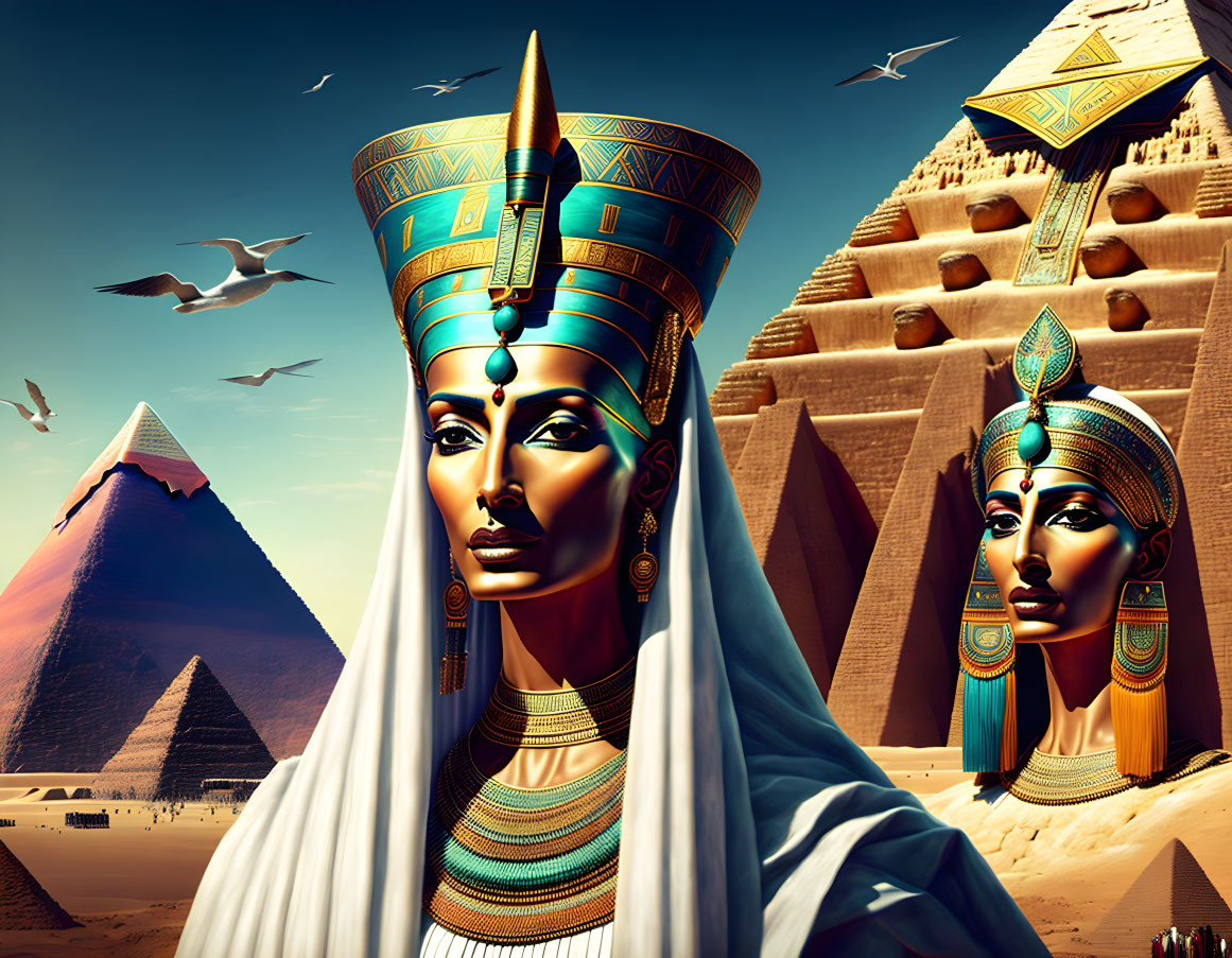 Stylized illustrations of Egyptian queen with headdresses near pyramids under blue sky