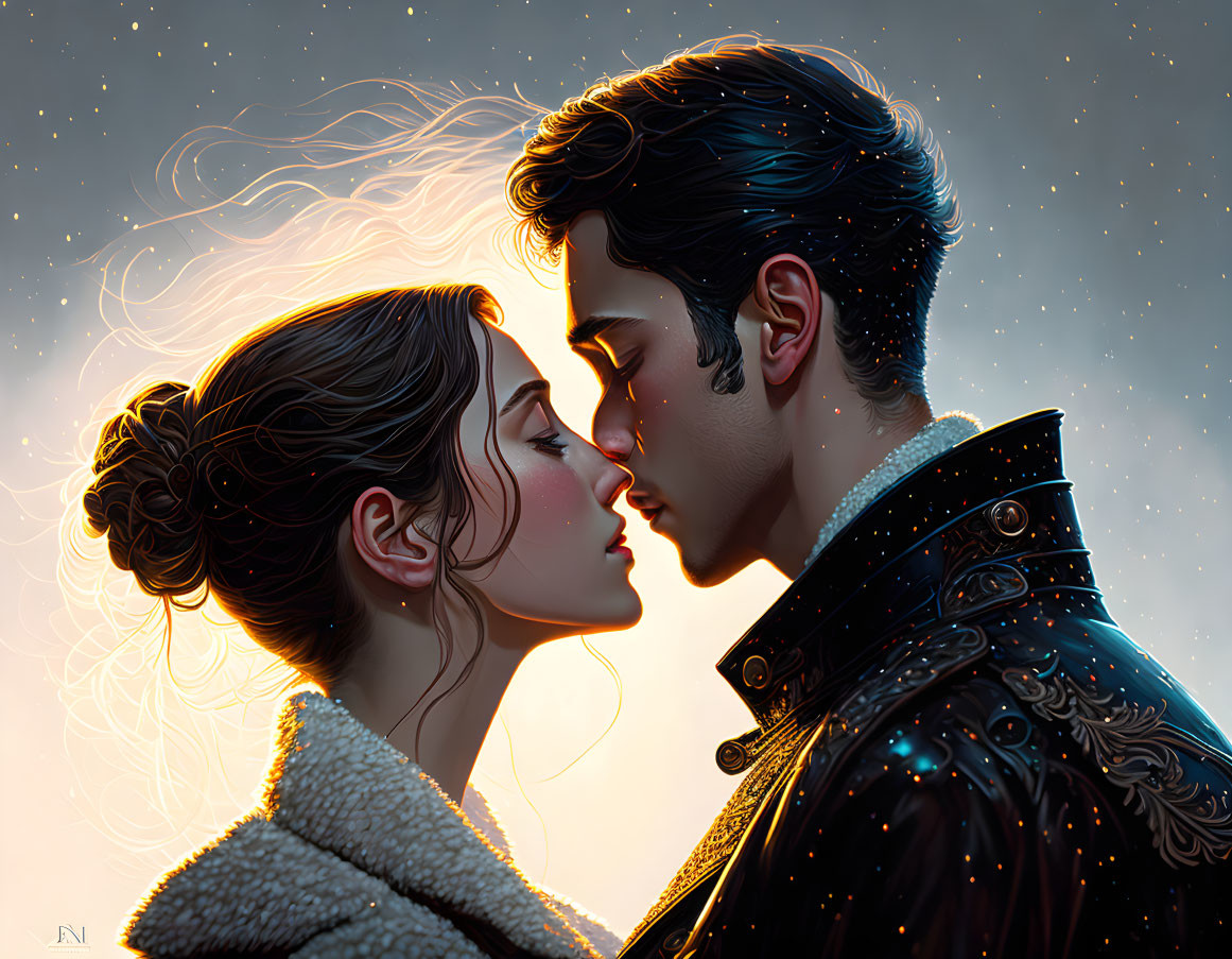 Fantasy-themed illustration of man and woman near-kiss under starry sky