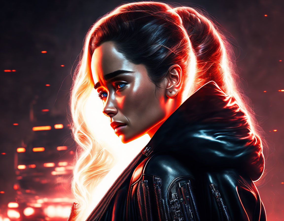 Blonde Female Character in Leather Jacket Against Neon Red Backdrop