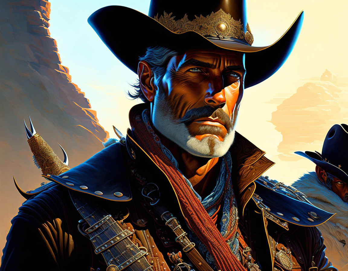 Rugged cowboy with mustache in black hat and leather attire in desert canyon.