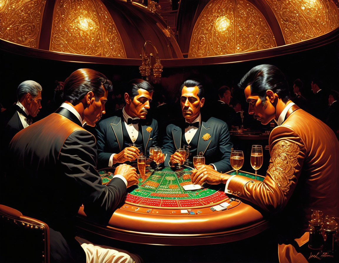 Men in formal attire playing intense game in luxurious casino setting