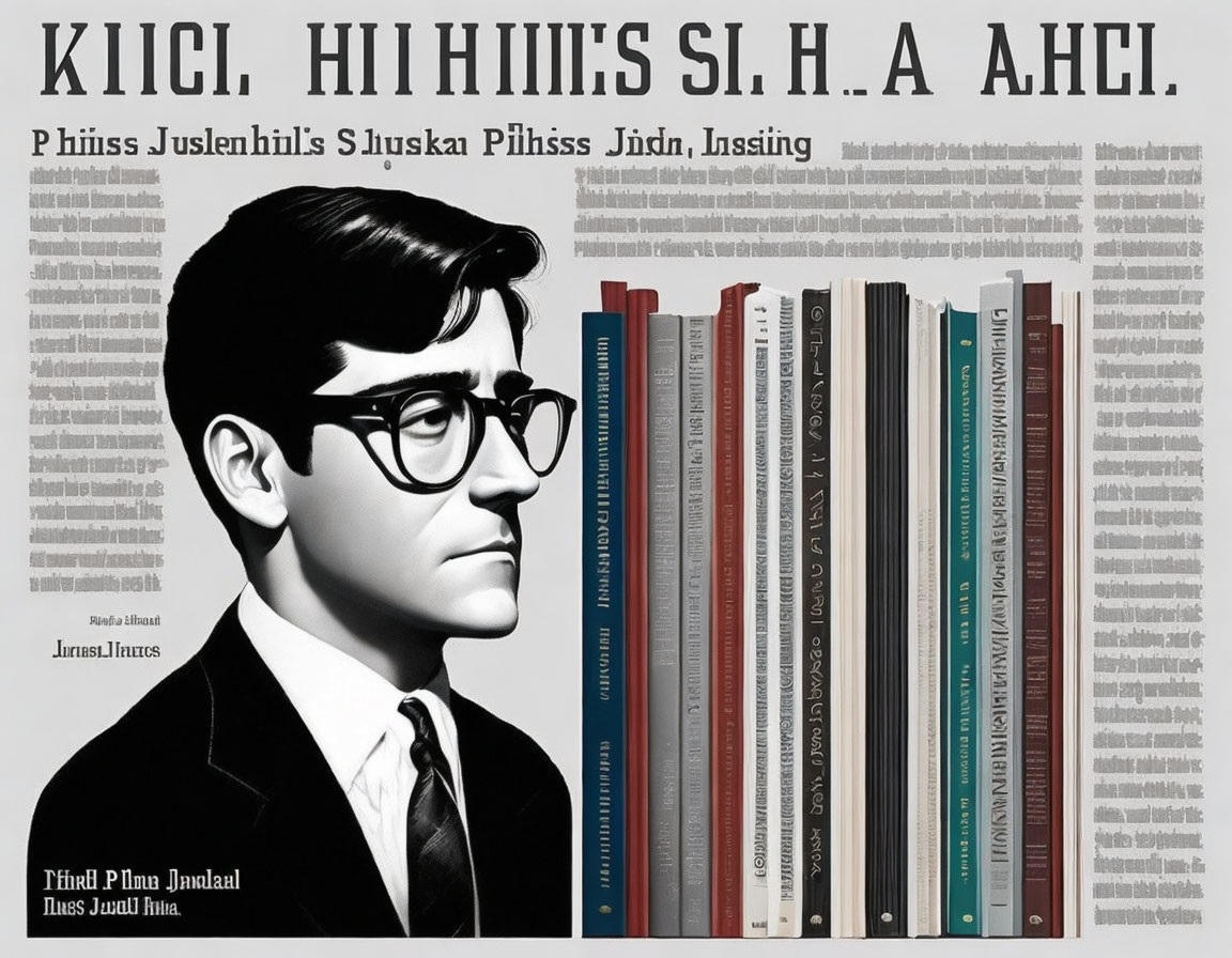 Man with Glasses Surrounded by Books in Text-Filled Background