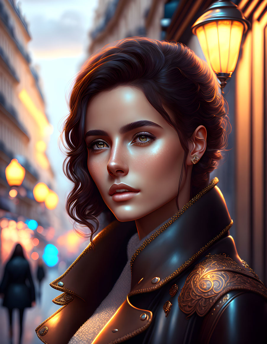 Digital artwork: Woman with wavy hair and embroidered coat under city streetlight glow