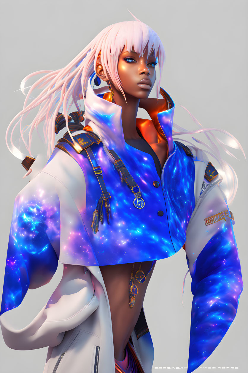 Stylized character with pink hair in galaxy-themed attire and futuristic accessories