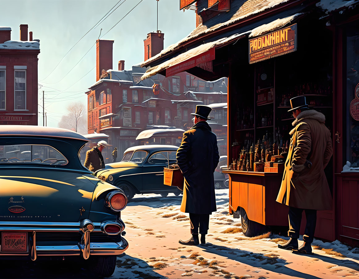 Classic cars and snow-covered street scene with man looking at chess pieces in shop window