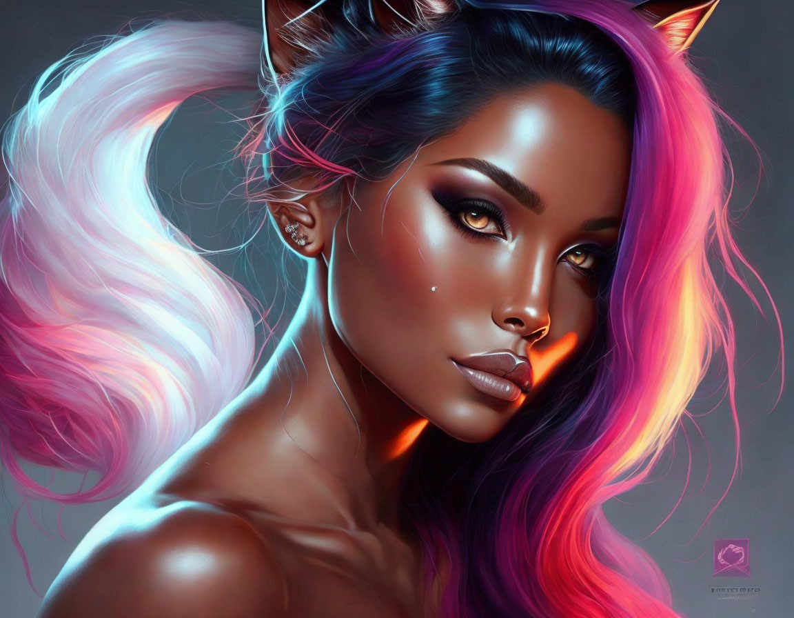 Digital artwork: Woman with feline features, pink & blue hair, cat ears, intense eyes on