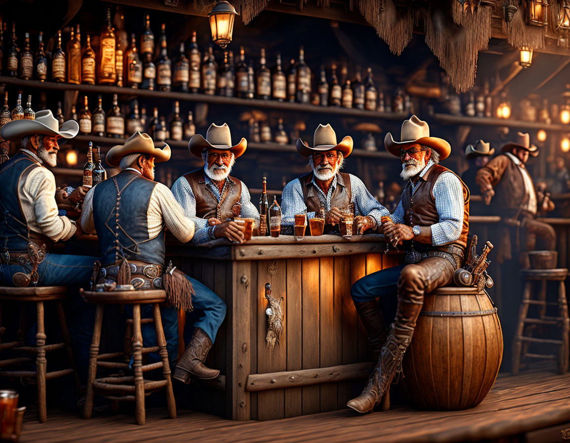 Cowboy Men in Western Bar with Rustic Decor