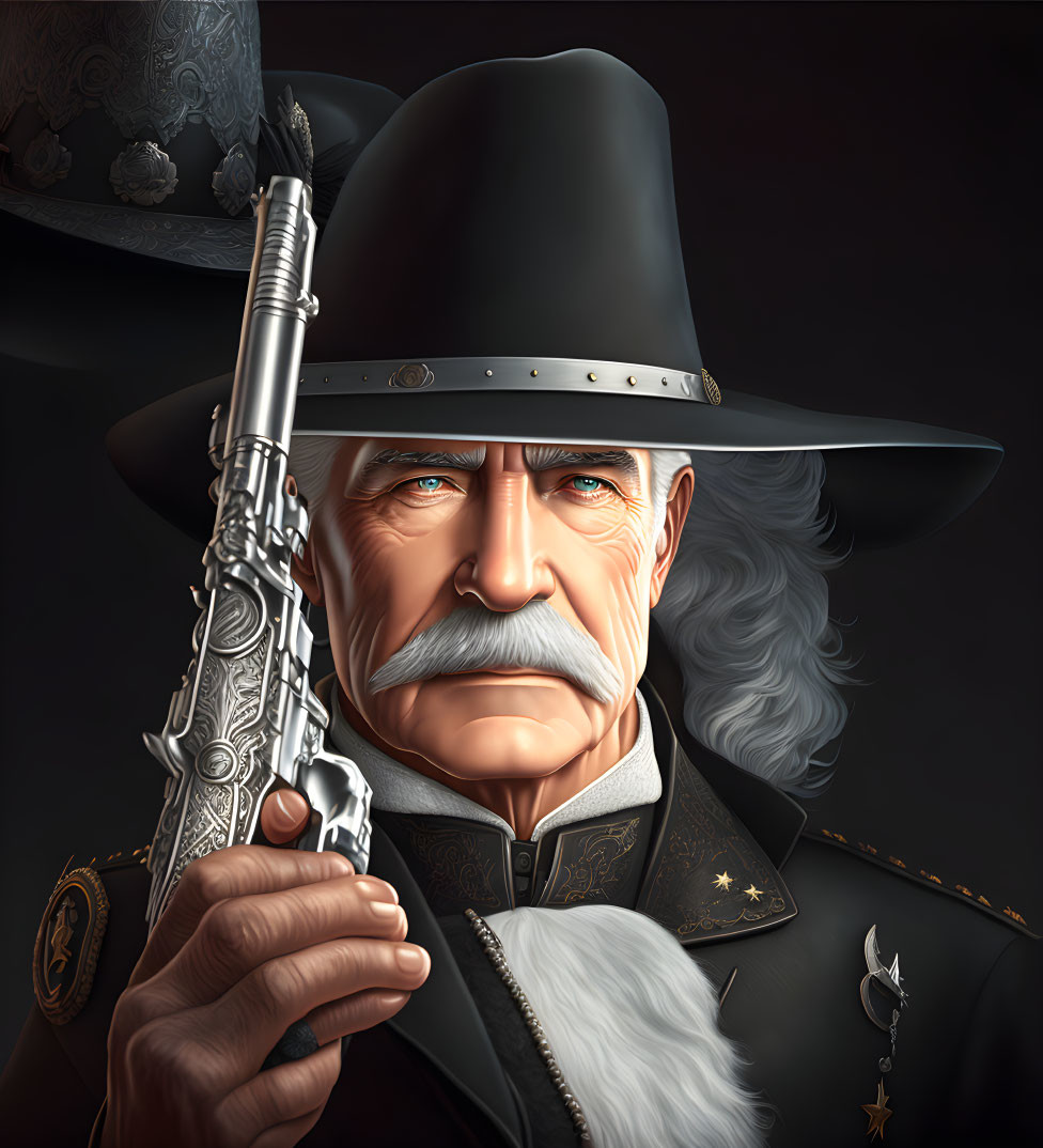 Elderly man with white facial hair in cowboy hat holding silver revolver