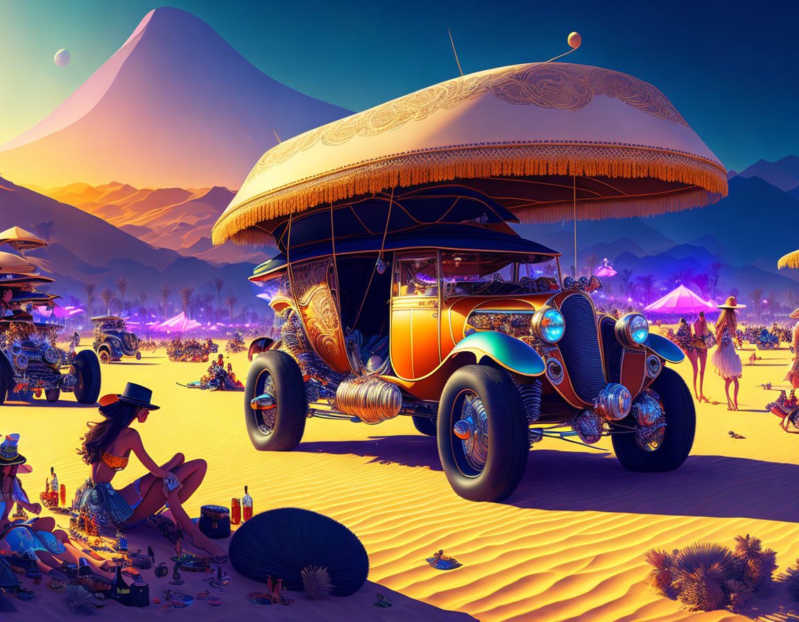 Futuristic desert scene with ornate vehicles, eclectic attire, tents, and mountain.