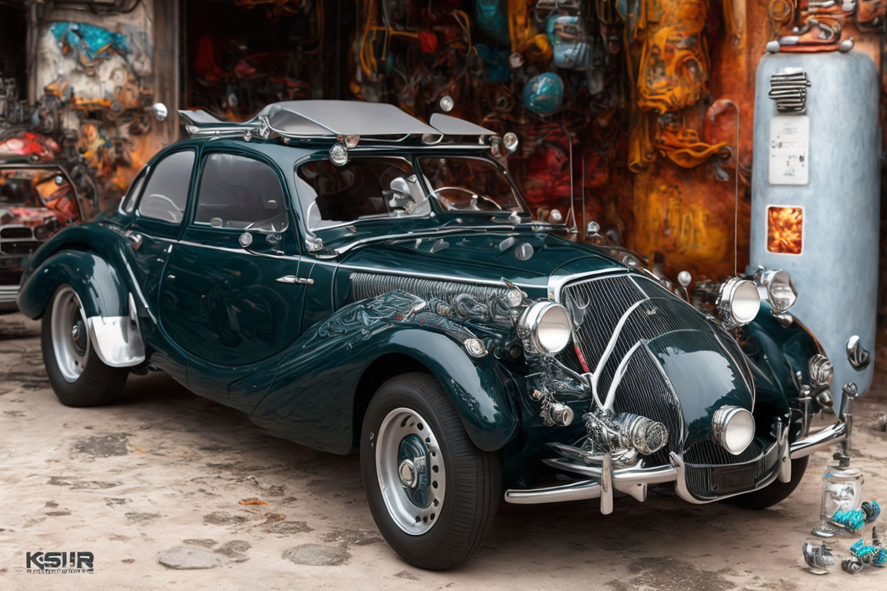 Vintage Car with Dark Green Paint, Chrome Details, and Spoked Wheels parked in front of Retro Memor