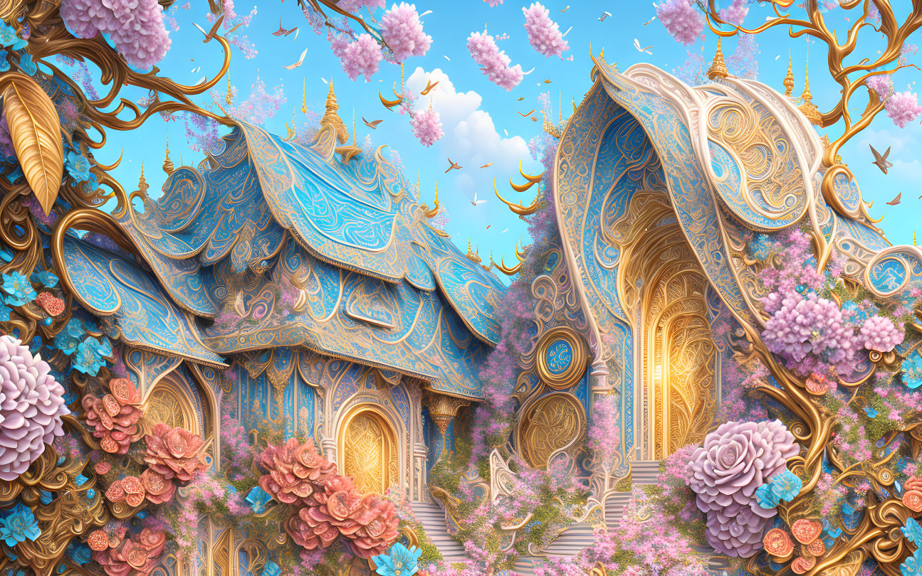 Fantasy landscape: ornate blue-gold buildings, pink-flowered trees, clear sky