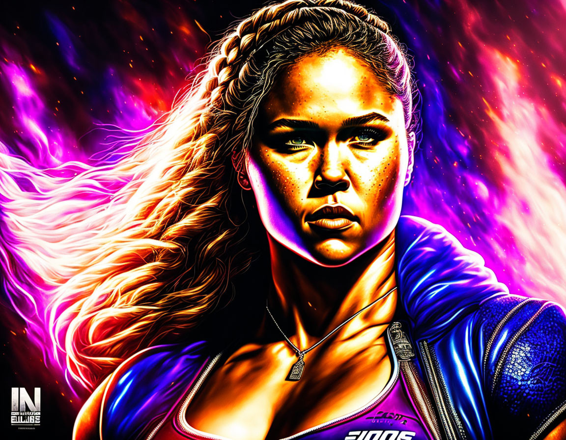 Colorful digital artwork: Woman with braided hair, intense gaze, blue jacket, necklace, cosmic