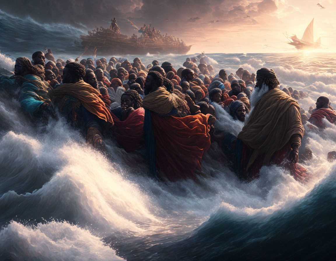 Dramatic scene of people embarking on treacherous sea voyage