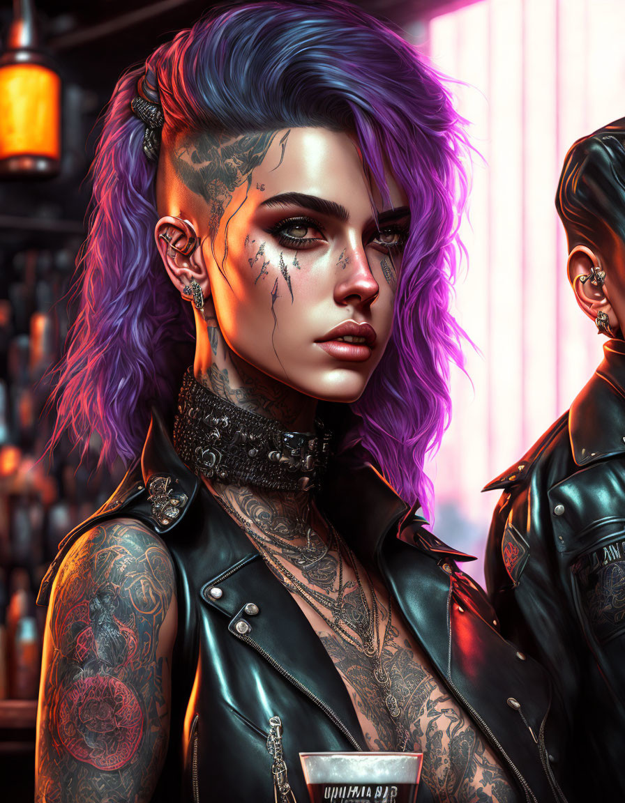 Digital artwork: Woman with blue and purple hair, tattoos, piercings, leather outfit in neon