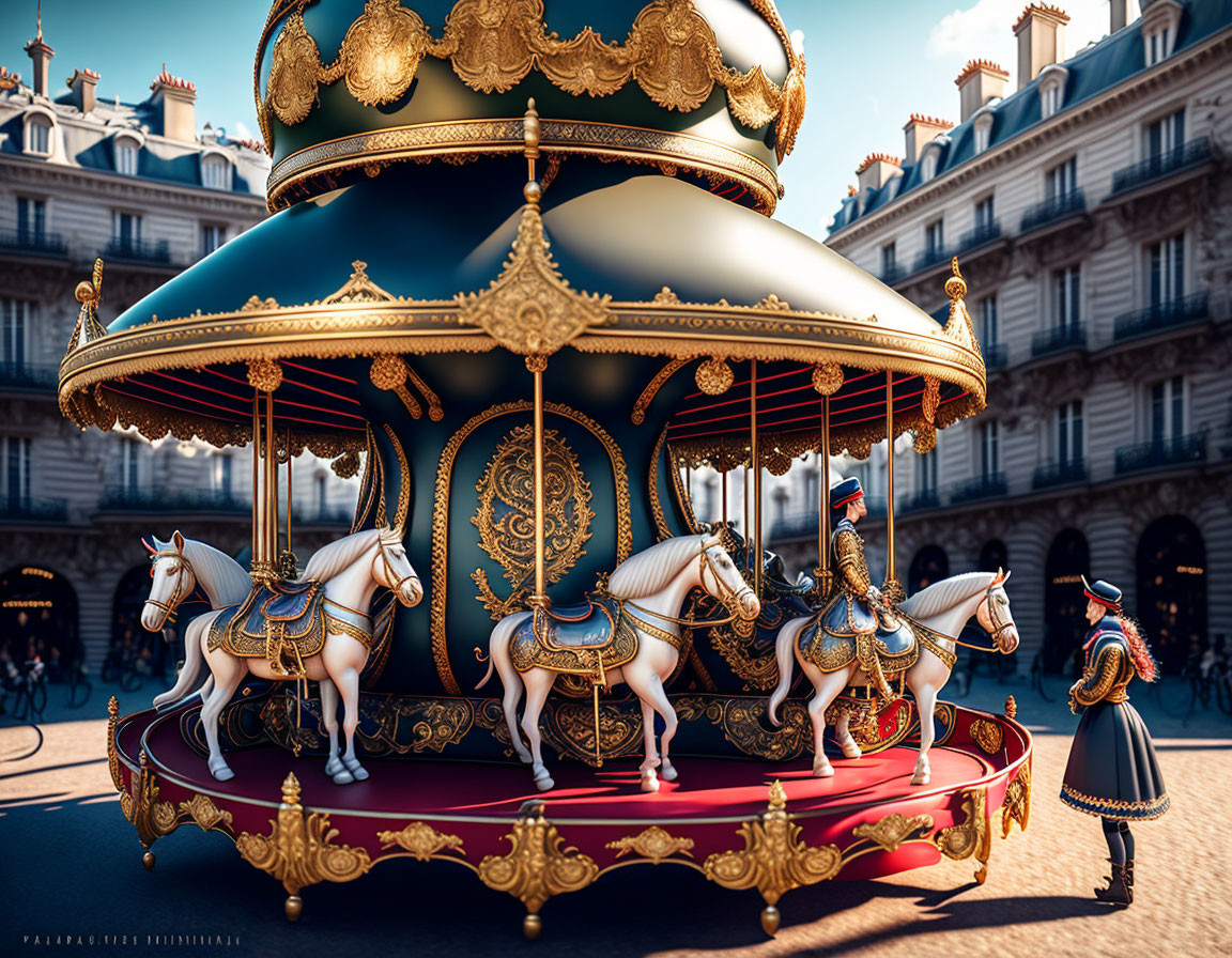 Ornate Carousel with White Horses and Elegant Decorations