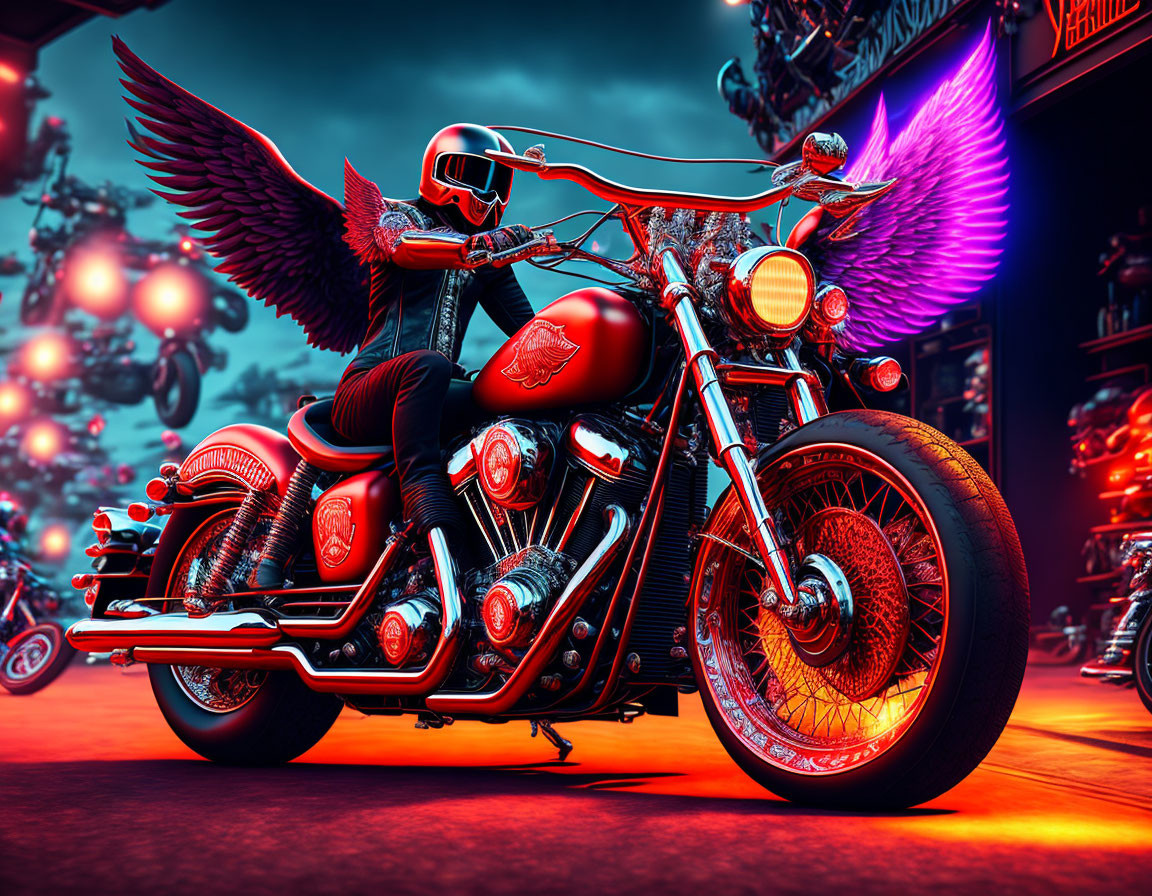 Custom Motorcycle with Neon-Lit Scene and Winged Motifs